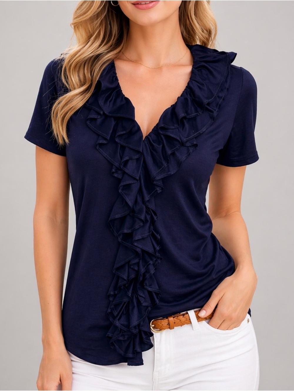 Ralph Lauren Black Label Navy Ruffle Blouse Cotton Top Medium